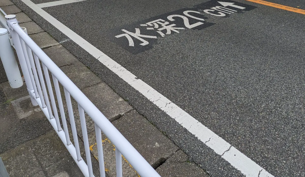 路面に白い文字で「水深20cm」と矢印が書かれている